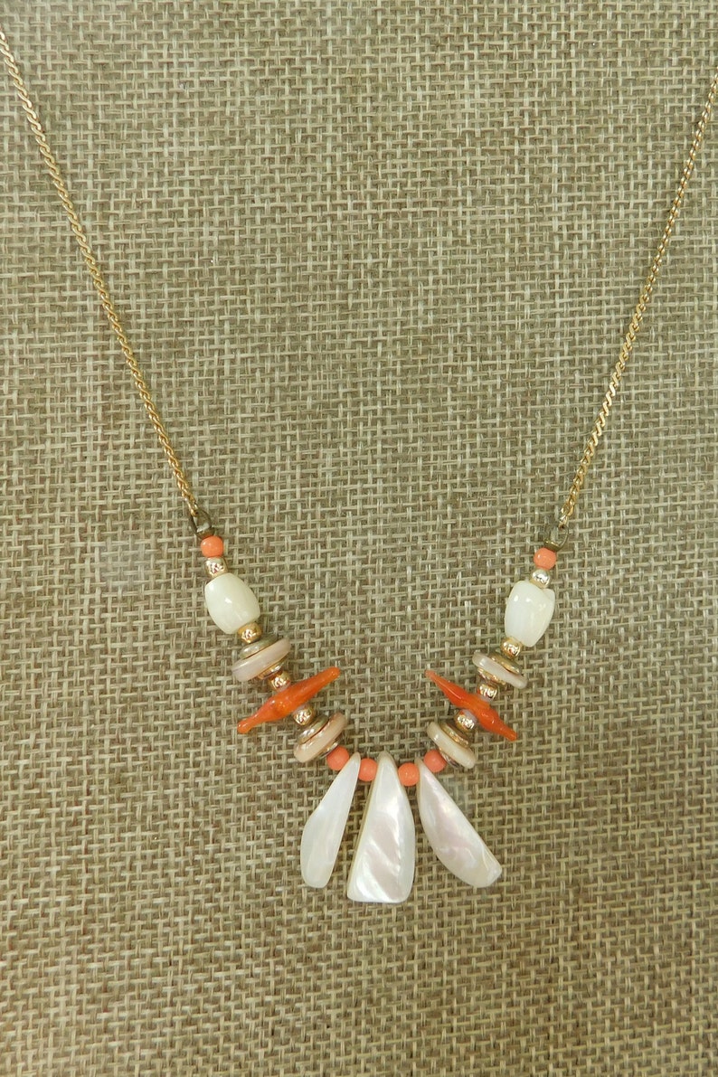 Gold Chain Beaded Necklace Beaded Shell NecklaceChoker Coral and Mother of Pearl NecklaceChoker