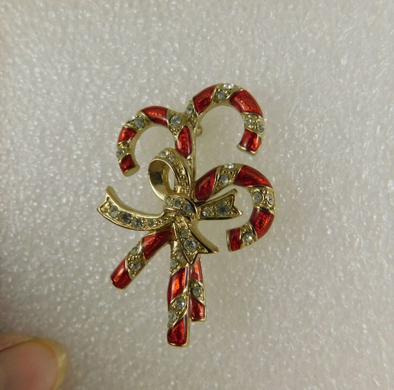 Monet Enamel & Crystal Candy Cane Brooch, Crossed… - image 1