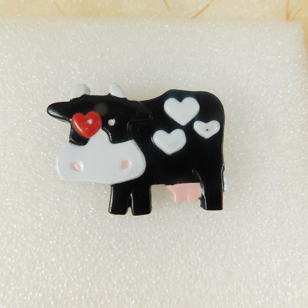 1989 Hallmark Cards Inc. Resin Cow Brooch/Pin, Dairy Cow Pin, Bovine Brooch, Cow with Hearts, Farm Animals, Black & White, Critter Jewelry