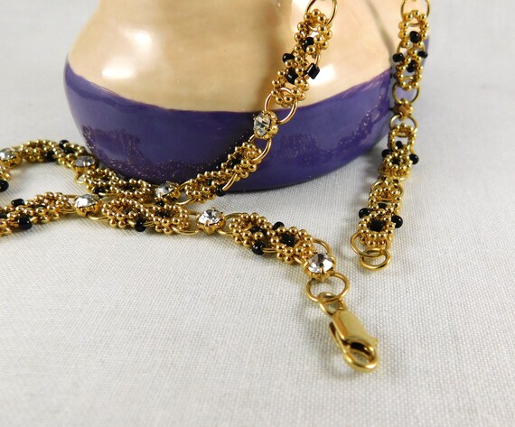 Vintage Gold Chain, Jump Ring, Bead & Crystal Lin… - image 7
