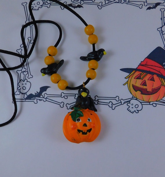 Painted Poly Resin Jack-O-Lantern & Crow Necklaces