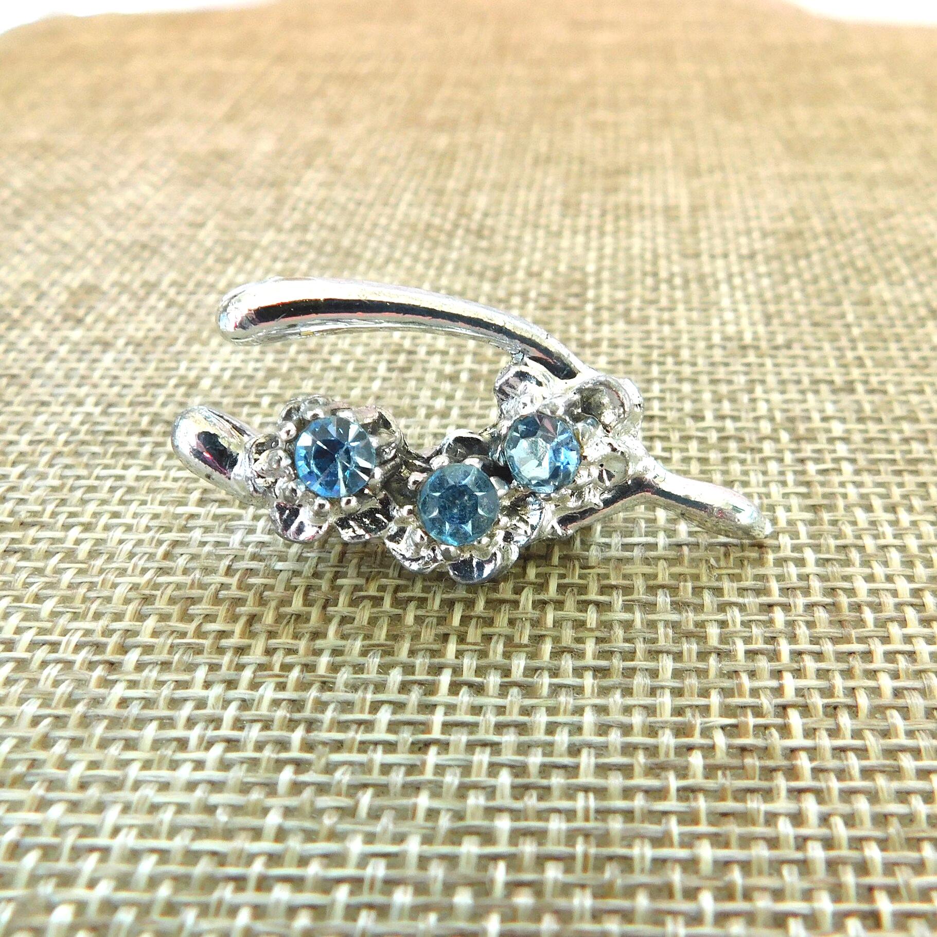 Vintage Blue Rhinestone Wishbone Pin: Silver Floral Good Luck