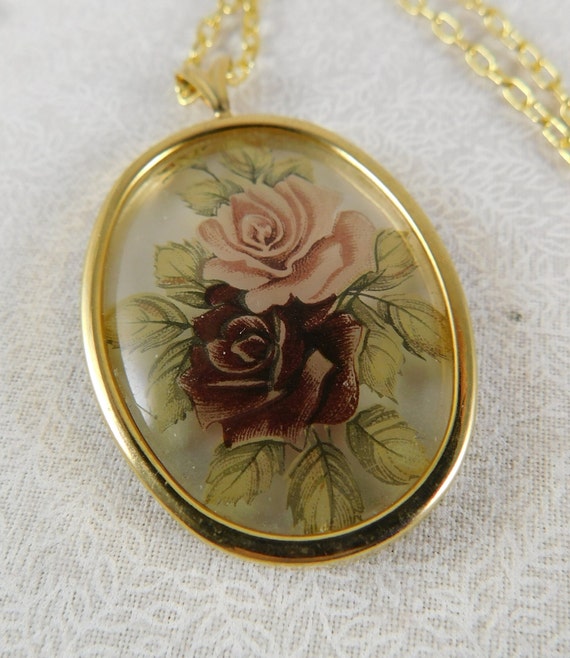 Gold Plate Pendant Necklace w/Floral Rose Transfe… - image 2