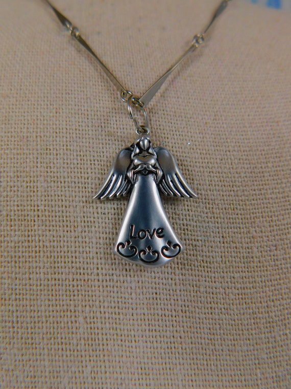 Silver Angel Pendant Necklace...Angel Holding Hear