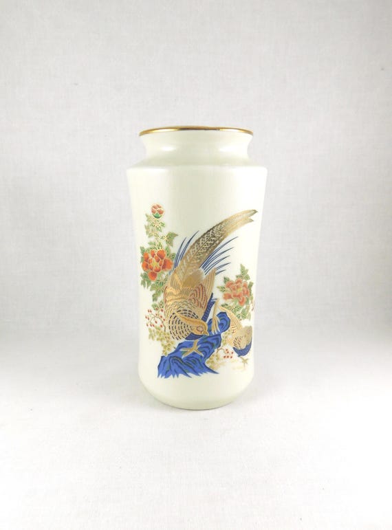 Vintage '50s Japanese Vase: Hand-Painted Pheasants & Florals, Gold Gilt (3x6")