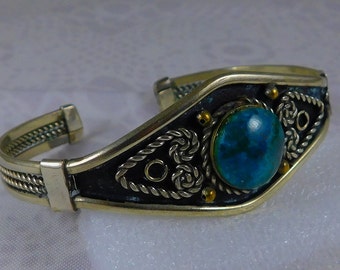 Southwest Style Cuff Bracelet, Silver (Alpaca?) and Stone Bracelet, Unidentified Blue/Green Stone, Size 7