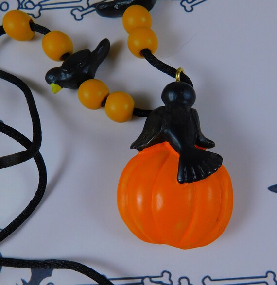 Painted Poly Resin Jack-O-Lantern & Crow Necklace… - image 5