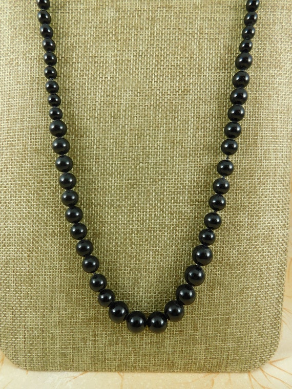 Graduated French Glass Black Jet Bead Necklace w Ster Gem