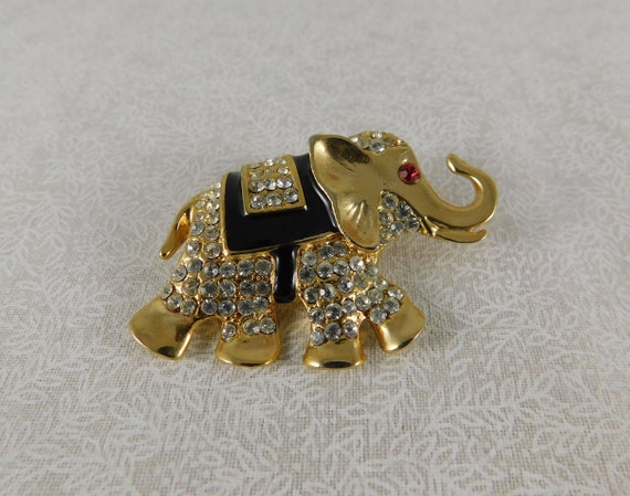 Gold Plate, Enamel & Crystal Pave' Elephant Brooc… - image 1