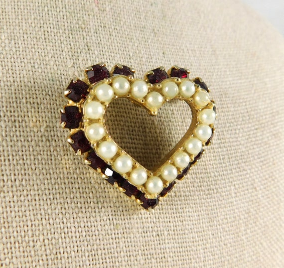 Double Row Open Heart Brooch, 1960, Garnet Glass … - image 1
