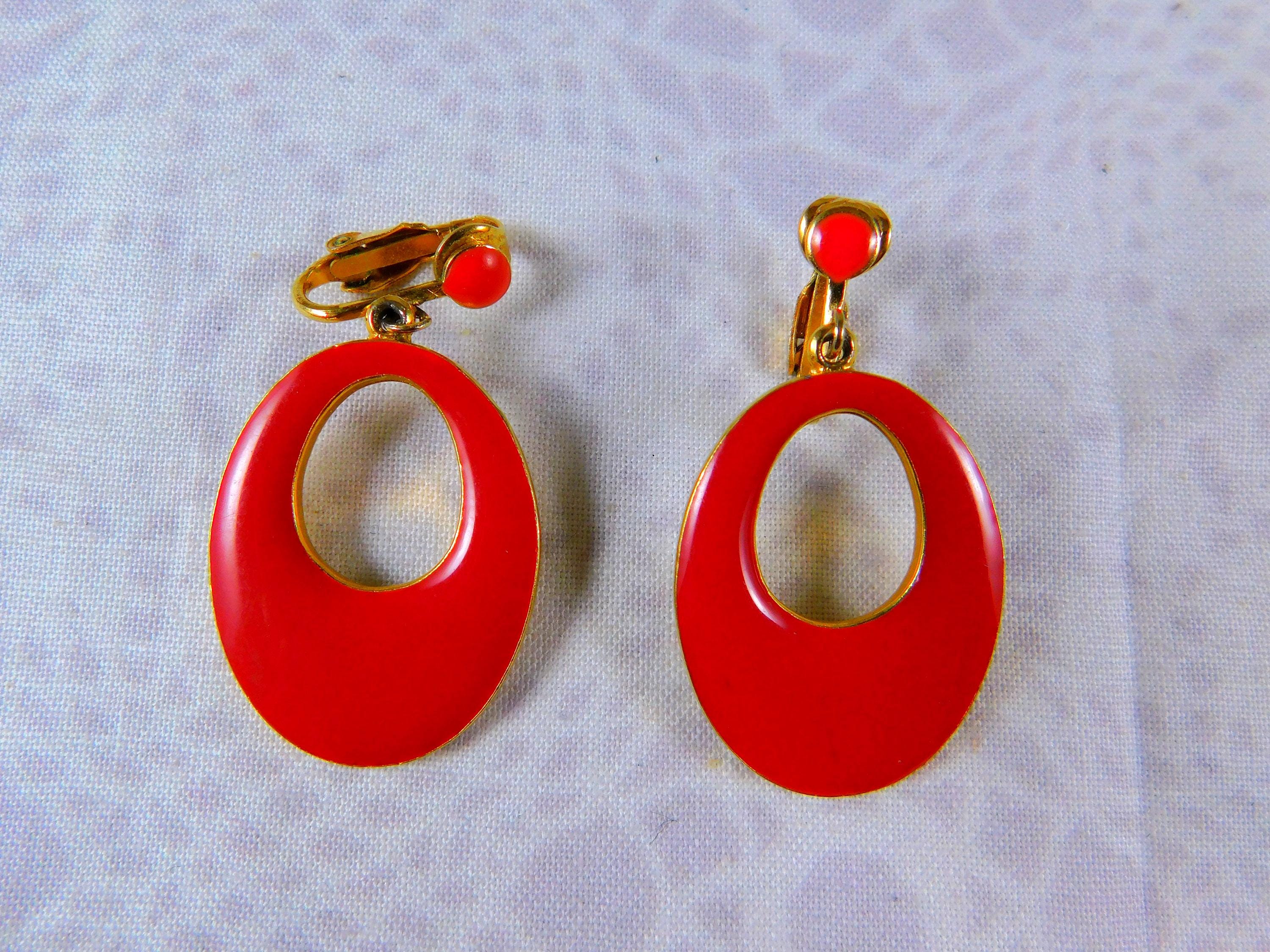 Boucles D'oreilles Vintage Années 70/80 - Métal Doré Avec 3 Rectangles Rouge En Chute