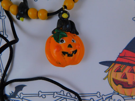 Painted Poly Resin Jack-O-Lantern & Crow Necklace… - image 2
