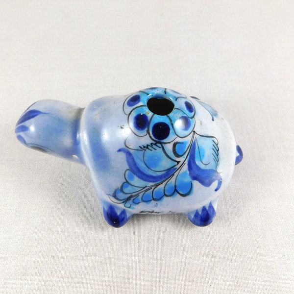 Authentic Tonala Turtle Shaped Incense Burner, Artist Signed, Mexican/Southwest Pottery, Native American, Florals & Leaves, Shades of Blue