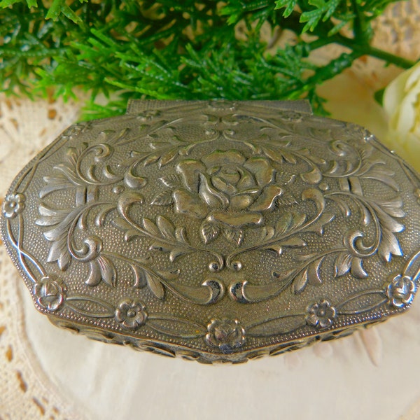 Silver Plate Art Nouveau Repousse Style Jewelry Box, Rose & Floral Motif Box~Hinged Lid~Footed~No Liner, Trinkets, Jewelry, Silver, Roses