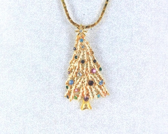 Vintage '80s Gold & White Christmas Tree Necklace: Enamel Snow, Multi-colored Crystals, Pendant Necklace