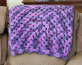 Vintage 2004 Hand Crocheted Chenille Lap Throw: Jewel Tone, Predominantly Purple, Thick Soft Chenille Blanket, Pristine, Unused