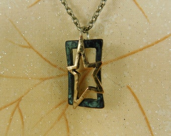 Unique Gold Star Pendant Necklace, Molten Gold Look Star/Vertigrid Brass Rectangle, Silver Chain~18 Inches, Celestial, Non-Gender Specific