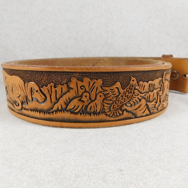 Tooled Leather Belt w/Bird Dogs (Retrievers/Setters?), Quail, Whitetail Buck & Hunter w/Rifle, Nice Thick Hunter's Belt, Size 36 by Looper