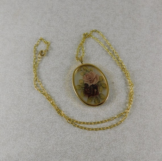 Gold Plate Pendant Necklace w/Floral Rose Transfe… - image 4