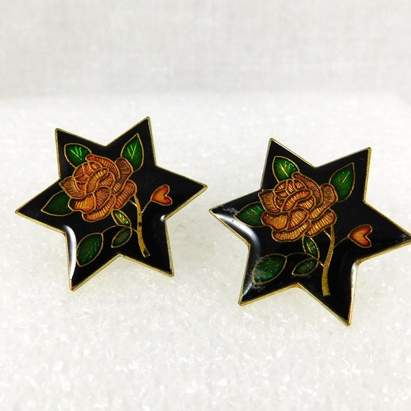 Black Enameled Star Earrings w/Orange~Yellow Roses, Floral Jewelry, Rose Earrings, Star Shaped, 1980's Cloisonne' Wannabees, Gold Outlining