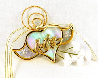 Vintage Stained Glass Angel Ornament: Aurora Borealis, Gold Plate, Gift for Mom
