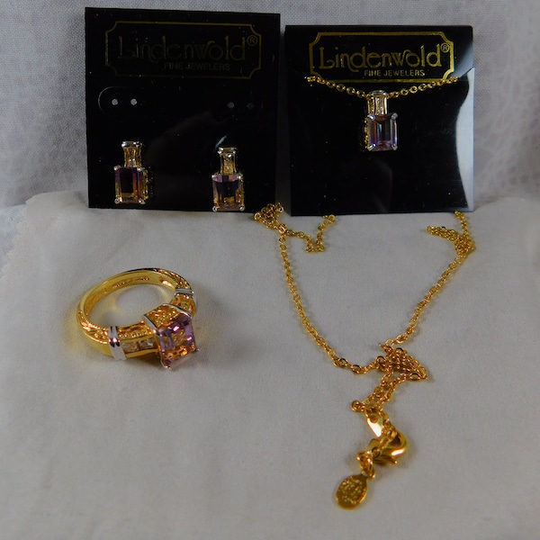 New Vintage Lindonwold Light Amethyst and CZ 3 Pc. Jewelry Set~Earrings~Necklace & Ring (Sz. 8.5) 14KTGE, February, Valentine, Mother's Day