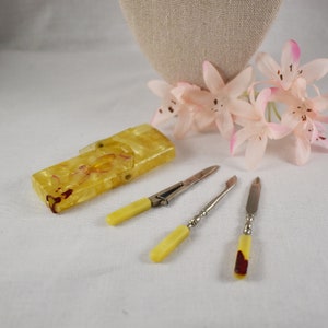 Tiny Celluloid Set of Antique Grooming Accessories, 4 Pc. 1900&#39;s, File/Scissor/Cuticle, All w/Celluloid Handles, Box Broken But Useable