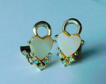 Mother of Pearl and Austrian Crystal Heart Clip On Earrings, Valentine Jewelry, Valentine Earrings, Heart Jewelry, Crystal Jewelry, MOP Clip