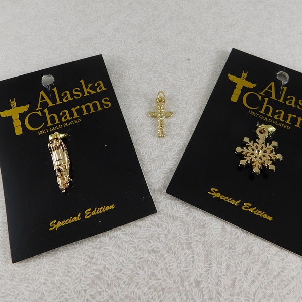 Lot of Three 18KT Gold Plated Alaska Charms-Dog Sled-Snowflake-Totem Pole, Jewelry Crafting, Charm Bracelet, 2 Still on Cards, Craft Supply