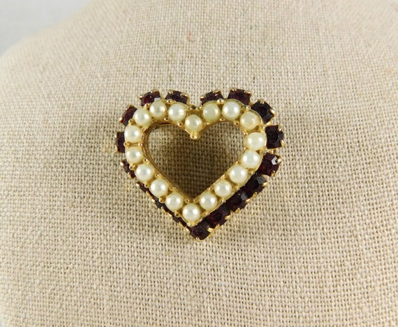 Double Row Open Heart Brooch, 1960, Garnet Glass … - image 3