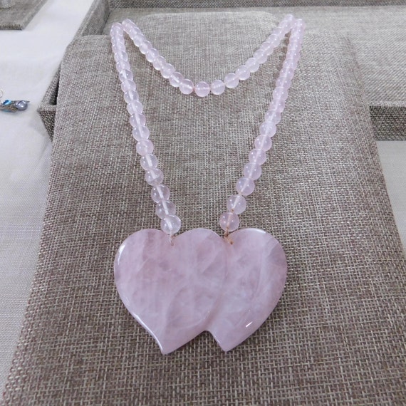 Rose Quartz Double Heart Sweetheart Necklace, Ros… - image 1