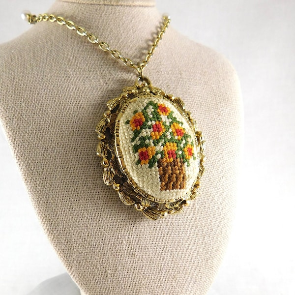 Large Vintage Hand Stitched Petit Point Cameo w/Ornate Antiqued Gold Filigree Setting, Floral Petit Point, Basket & Flowers, Victorian Style