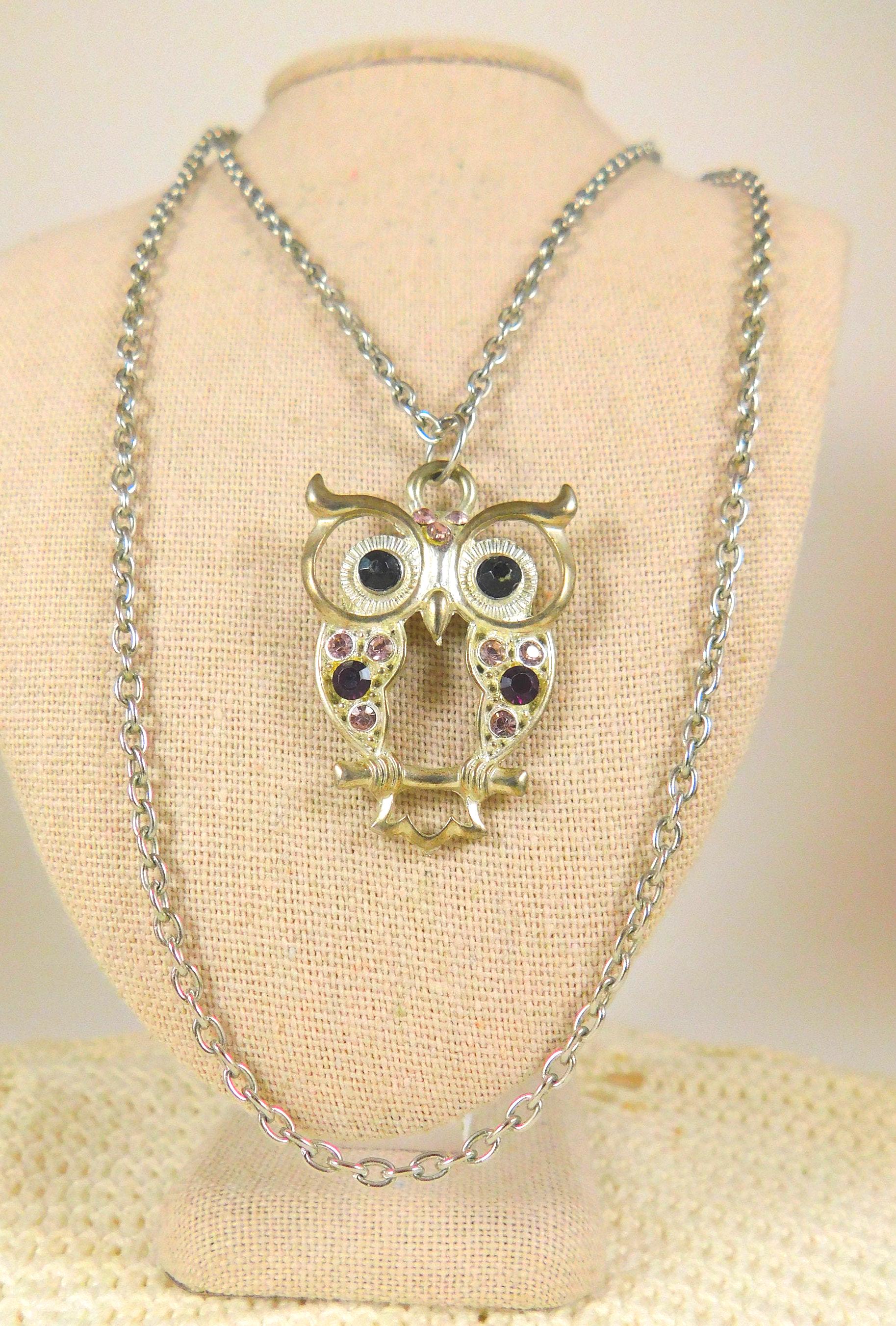 Vintage '80s Rhinestone Owl Necklace: Silver Tone Bird Pendant