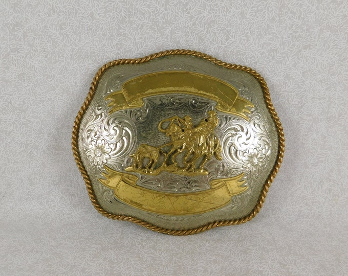 Vintage Montana Silversmith Team Roping Trophy Buckle, Tooled Silver