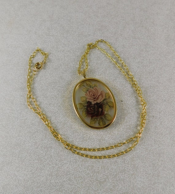 Gold Plate Pendant Necklace w/Floral Rose Transfe… - image 1