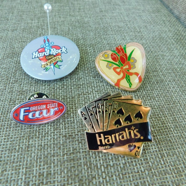 Lot of Four Pinback Pins/Pins; Hard Rock Cafe 25 Years, Harrah's Reno, Oregon State Fair, Heart w/Tulips & Bow, Pinback Pin, Advertising Pin