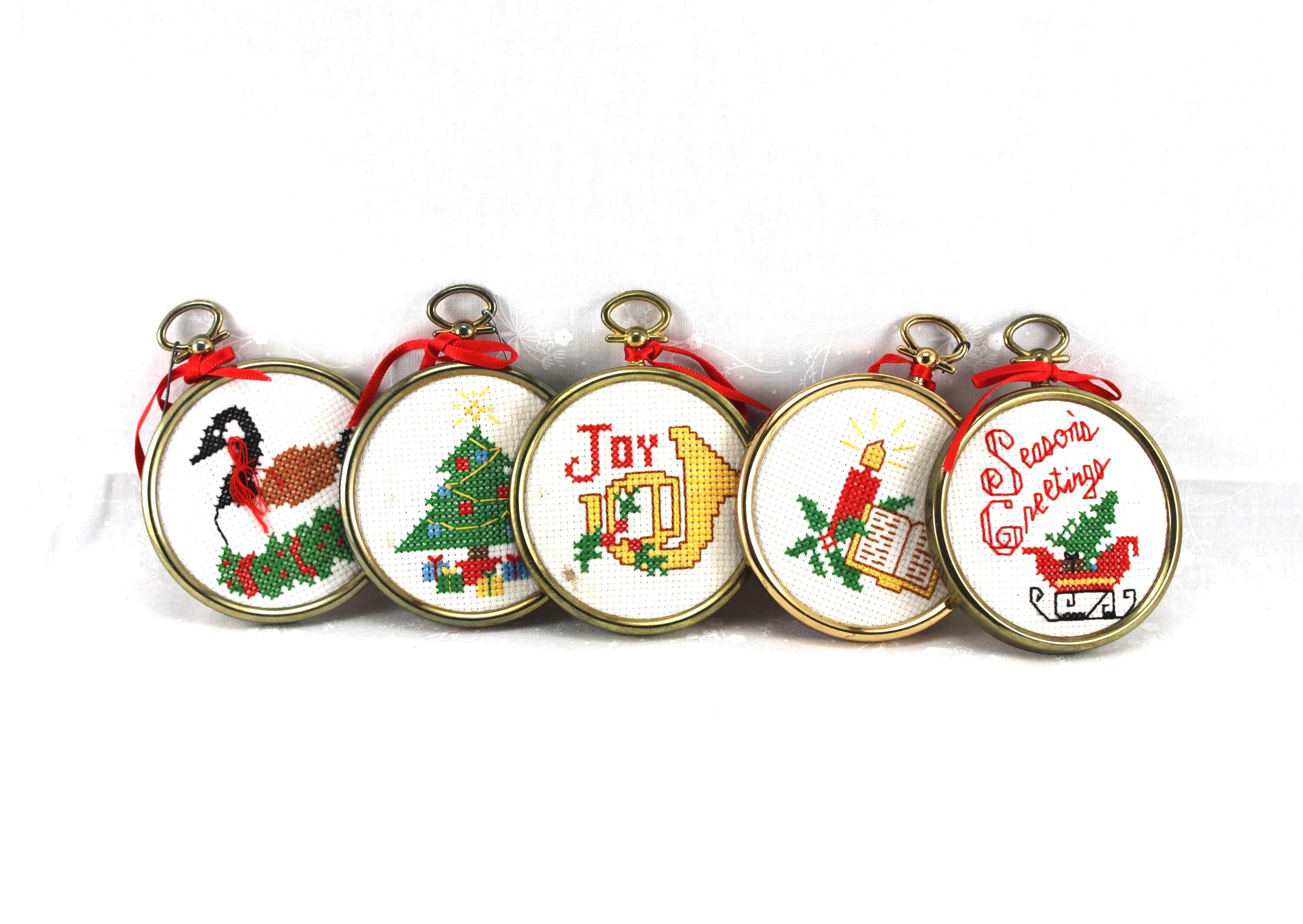 Vintage Handcrafted Counted Cross Stitch Ornaments (5), Stitched By Me, Early 80's, Goose/Tree/Candle/Greetings/Joy, Christmas Ornaments