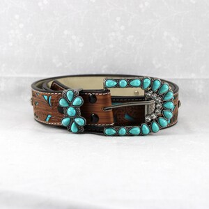 Vintage Y2K Arden B Brown Leather Belt with turquoise floral design Arden leather belt womens - Gem main image 4