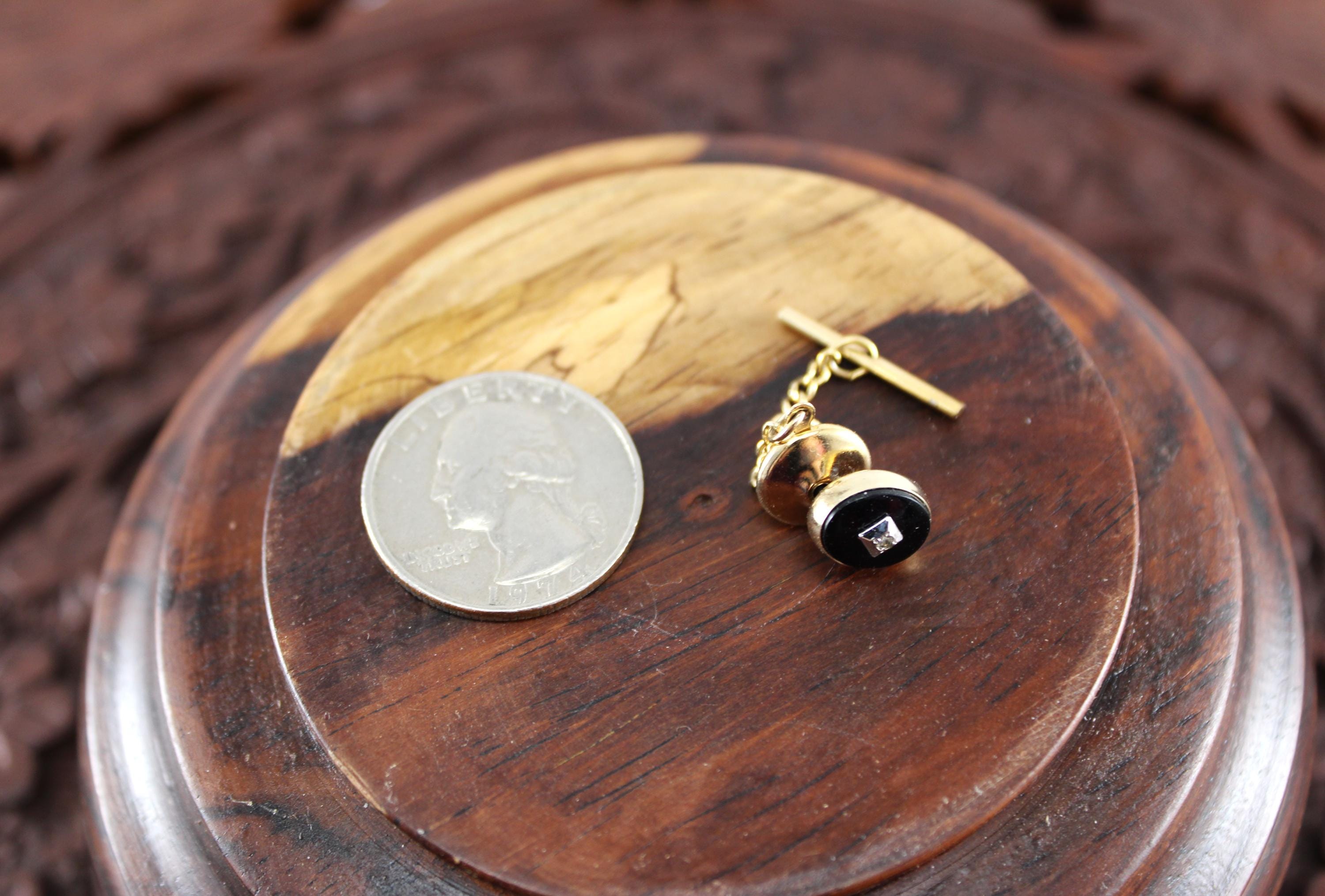 Black Onyx/CZ Tie Tack & Keeper, 1950's Gold/Onyx/CZ Tie Tack, Mid Century Style Bezel, Men's Accessories, Suit n Tie, Tie Tack