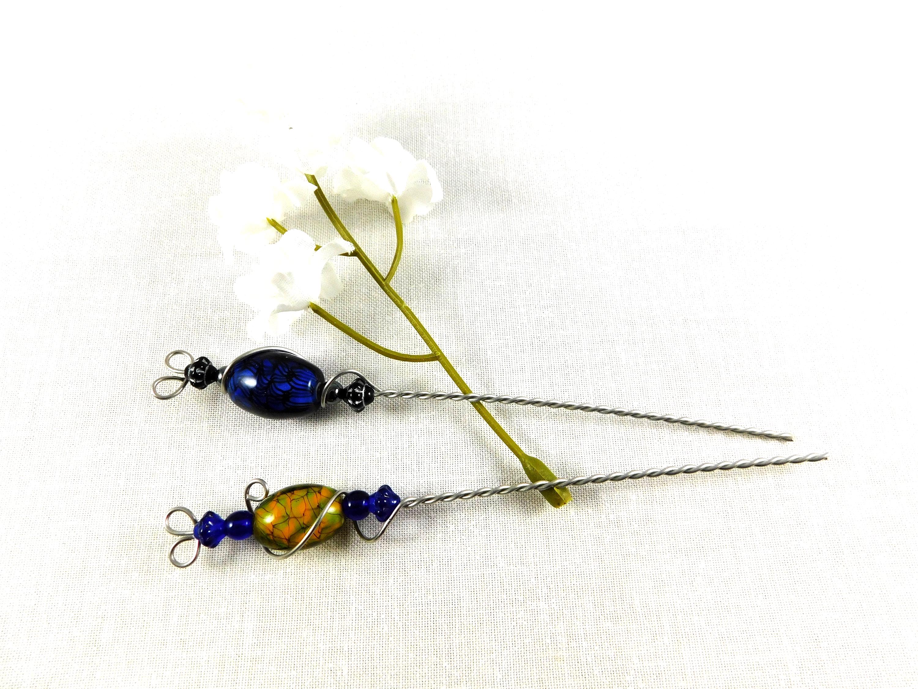 Two Hand Crafted Twisted Wire & Lamp Bead Hair Sticks, Hair Decorations, Hair Embellishments, Blue and Yellow, Hair Accessories