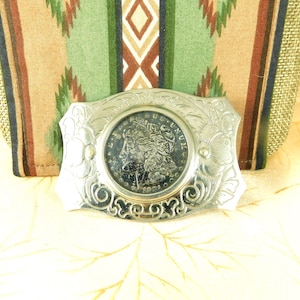 Silver Stamped Floral Western Belt Buckle w/1921 Morgan Silver Dollar~Non Gender Specific, Western Buckle, Floral Buckle, Western Wear, Belt