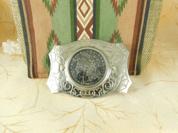 Silver Stamped Floral Western Belt Buckle W 1921 Morgan Silver