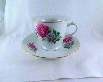 Vintage 1950s Bone China Tea Cup and Saucer: Pink Roses, Collectible Dinnerware