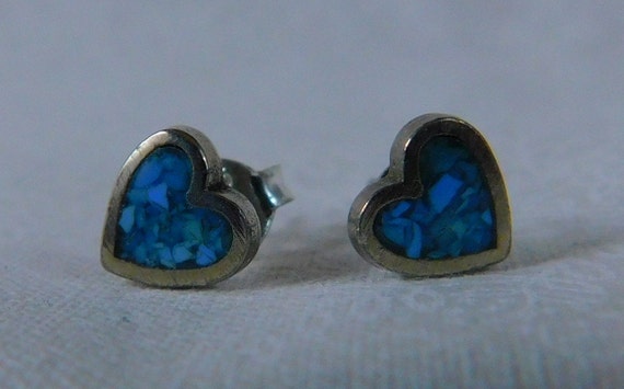 Heart Stud Earrings with Turquoise Chip Inlay Heart Stud Earrings with Turquoise Chip Inlay