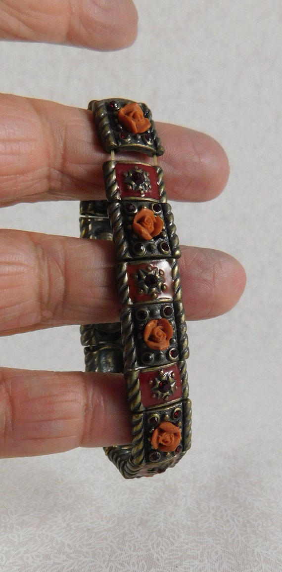 Heavy Antiqued Brass Link Bracelet w/Dainty Coral… - image 2