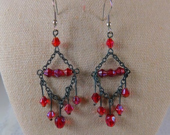 Red Glass & Black Chain Chandelier Earrings, Bohemian Chandelier Earrings, Bohemian Jewelry, Chandelier Earrings, Glass and Chain