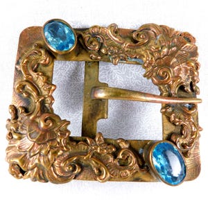 Antique Art Nouveau Brass Sash Buckle: Rose Gold Victorian Floral, Aquamarine Stones Bild 1