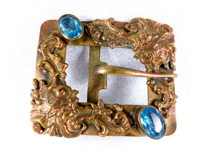 Antique Art Nouveau Brass Sash Buckle: Rose Gold Victorian Floral, Aquamarine Stones Bild 1