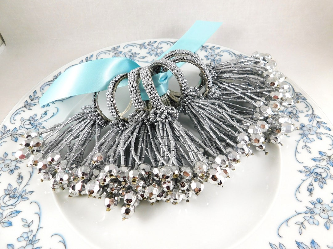 Set of Seven Sparkling Silver Bead & Wire Napkin Rings for the Holidays
