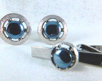 Vintage Silver Tone Cufflink & Tie Clip Set: Hematite Cabochons, USA Made